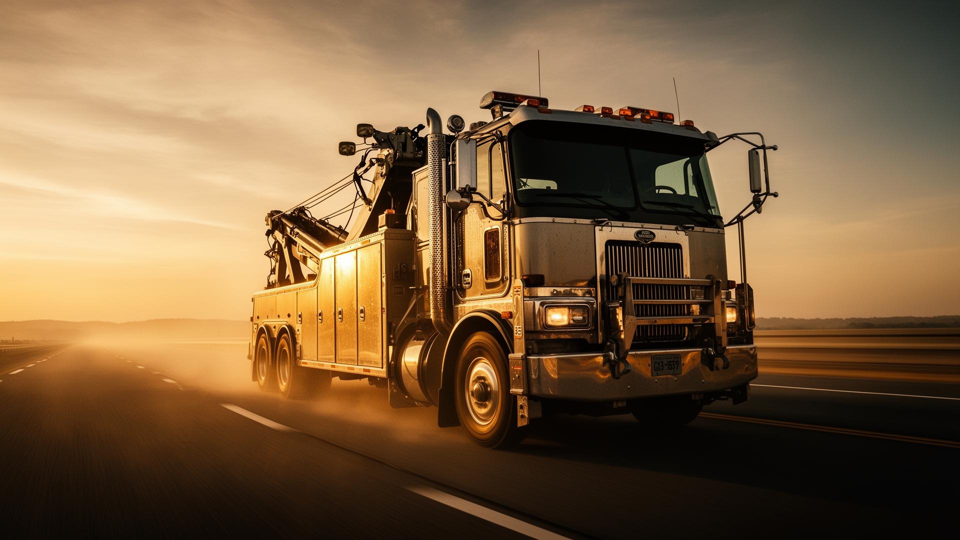Heavy-duty tow truck at golden hour